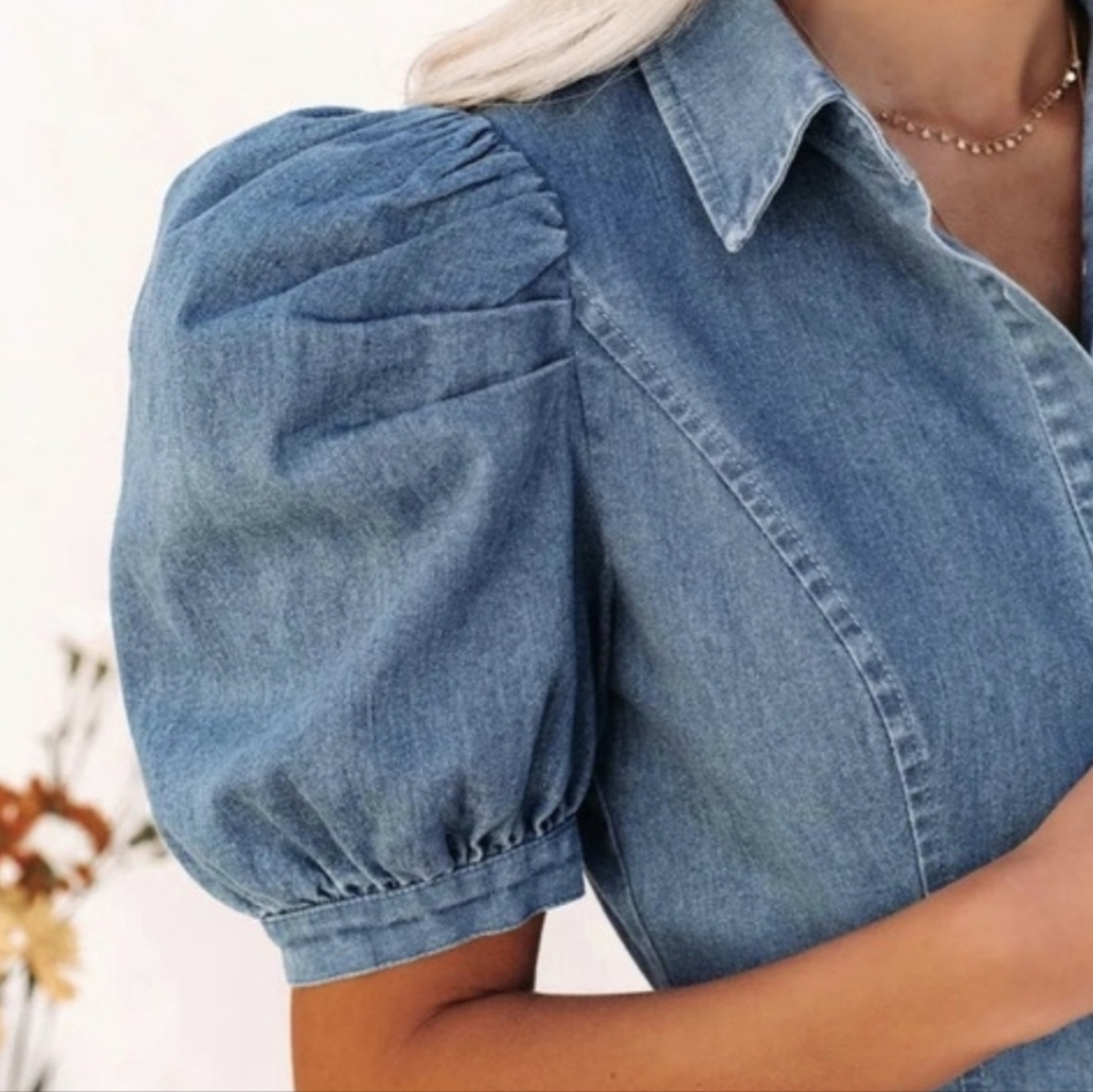 Vici Dress Denim Flirty Ruffle Short Puff Sleeve Mini Size S - Picture 6 of 13